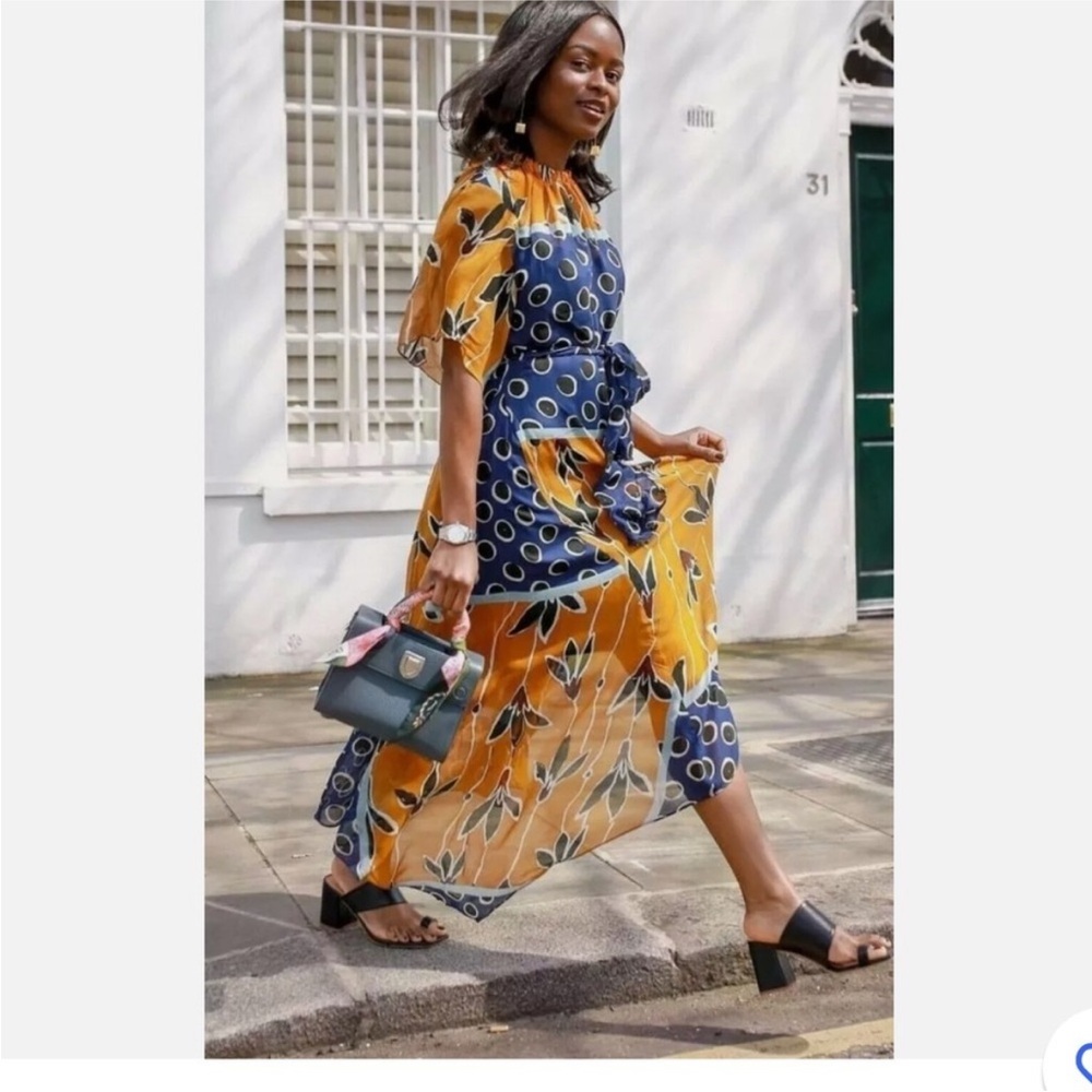Zara Blue and Orange Floral Print Abstract Midi Dress